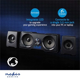 Nedis GSPR21022BK gamer hangszóró készlet (2.2 csatorna, USB tápellátás, 3,5 mm jack, 48 W, LED, hangerőszabályozó)