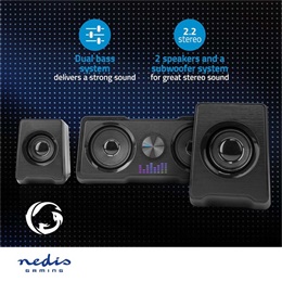 Nedis GSPR21022BK gamer hangszóró készlet (2.2 csatorna, USB tápellátás, 3,5 mm jack, 48 W, LED, hangerőszabályozó)
