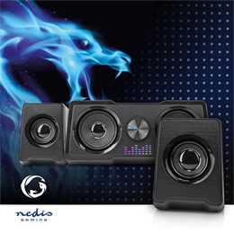 Nedis GSPR21022BK gamer hangszóró készlet (2.2 csatorna, USB tápellátás, 3,5 mm jack, 48 W, LED, hangerőszabályozó)