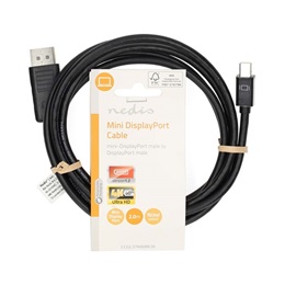 Nedis mini DisplayPort kábel (Mini DisplayPort dugó / DisplayPort dugó, 2 m, 21,6 Gbps, DisplayPort 1.2, 4K@60Hz, fekete