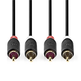 Nedis sztereó audió kábel 2x RCA férfi / 2x RCA férfi (10 m, aranyozott érintkezők, kerek, antracit)