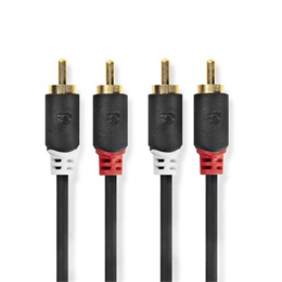 Nedis sztereó audió kábel 2x RCA férfi / 2x RCA férfi (10 m, aranyozott érintkezők, kerek, antracit)